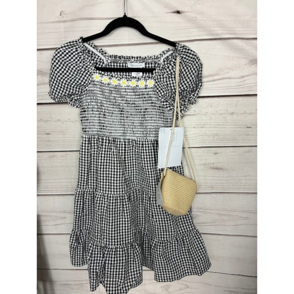 Bonnie Jean Girls Gingham Smocked Tiered Dress with Daisy Trim & Purse Size 12